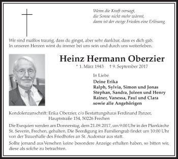 Anzeige von Heinz Hermann Oberzier von  Sonntags-Post 