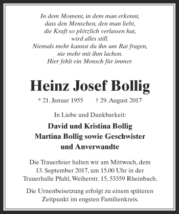 Anzeige von Heinz Josef Bollig von  Schaufenster/Blickpunkt 