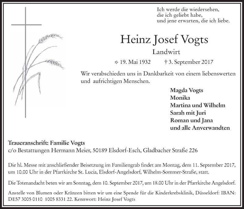  Traueranzeige für Heinz Josef Vogts vom 06.09.2017 aus  Werbepost 