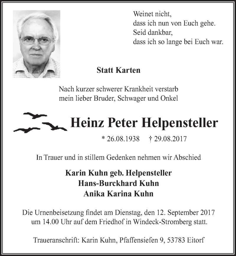  Traueranzeige für Heinz Peter Helpensteller vom 09.09.2017 aus  Rhein-Sieg-Wochenende 