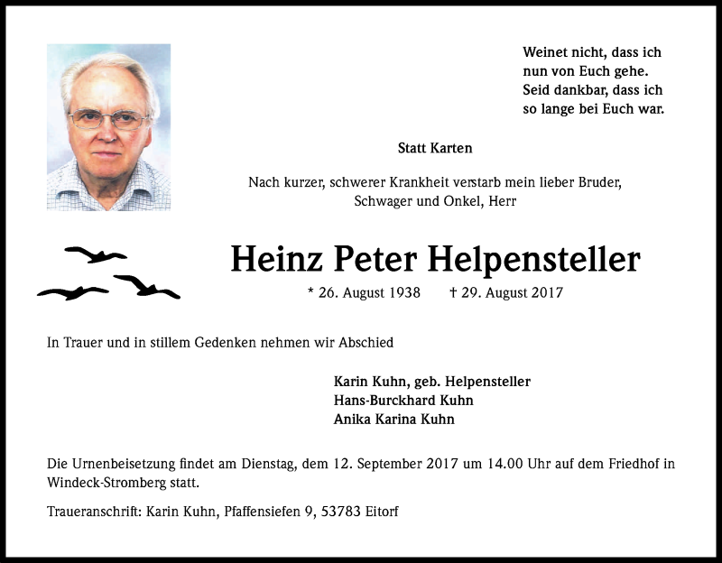  Traueranzeige für Heinz Peter Helpensteller vom 07.09.2017 aus Kölner Stadt-Anzeiger / Kölnische Rundschau / Express