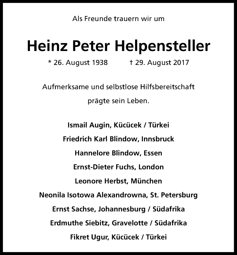  Traueranzeige für Heinz Peter Helpensteller vom 18.09.2017 aus Kölner Stadt-Anzeiger / Kölnische Rundschau / Express
