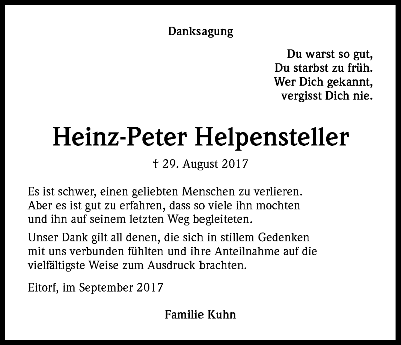  Traueranzeige für Heinz Peter Helpensteller vom 27.09.2017 aus Kölner Stadt-Anzeiger / Kölnische Rundschau / Express