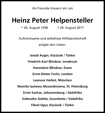 Anzeige von Heinz Peter Helpensteller von Kölner Stadt-Anzeiger / Kölnische Rundschau / Express