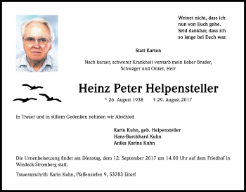 Anzeige von Heinz Peter Helpensteller von Kölner Stadt-Anzeiger / Kölnische Rundschau / Express