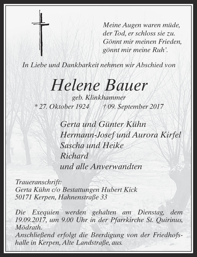  Traueranzeige für Helene Bauer vom 13.09.2017 aus  Werbepost 