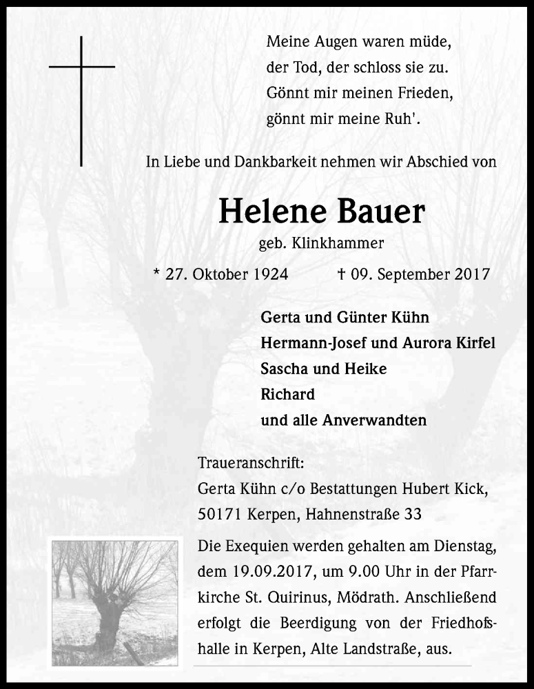  Traueranzeige für Helene Bauer vom 16.09.2017 aus Kölner Stadt-Anzeiger / Kölnische Rundschau / Express