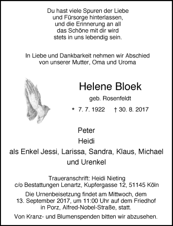 Anzeige von Helene Bloek von  Kölner Wochenspiegel 