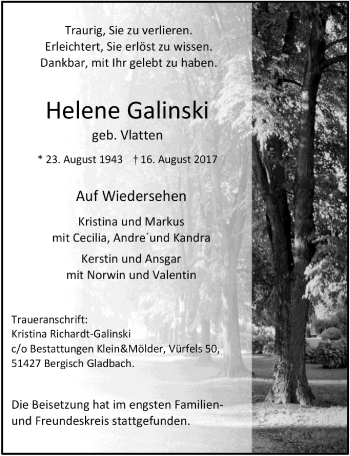 Anzeige von Helene Galinski von  Bergisches Handelsblatt 