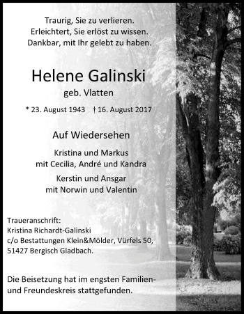 Anzeige von Helene Galinski von Kölner Stadt-Anzeiger / Kölnische Rundschau / Express