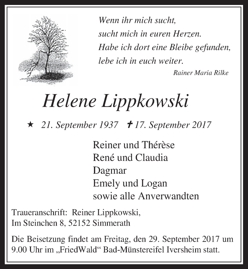  Traueranzeige für Helene Lippkowski vom 27.09.2017 aus  Schlossbote/Werbekurier 