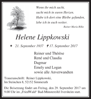 Anzeige von Helene Lippkowski von  Schlossbote/Werbekurier 
