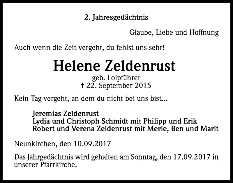  Traueranzeige für Helene Zeldenrust vom 22.09.2017 aus Kölner Stadt-Anzeiger / Kölnische Rundschau / Express