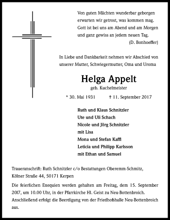 Anzeige von Helga Appelt von Kölner Stadt-Anzeiger / Kölnische Rundschau / Express