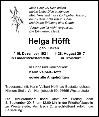 Anzeige von Helga Höfft von Kölner Stadt-Anzeiger / Kölnische Rundschau / Express