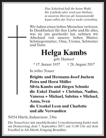 Anzeige von Helga Kambs von  Wochenende 