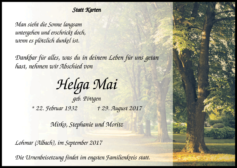  Traueranzeige für Helga Mai vom 02.09.2017 aus Kölner Stadt-Anzeiger / Kölnische Rundschau / Express