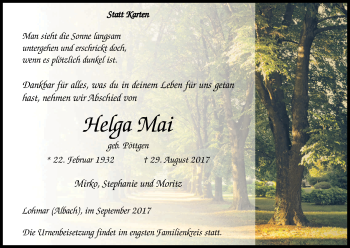 Anzeige von Helga Mai von Kölner Stadt-Anzeiger / Kölnische Rundschau / Express