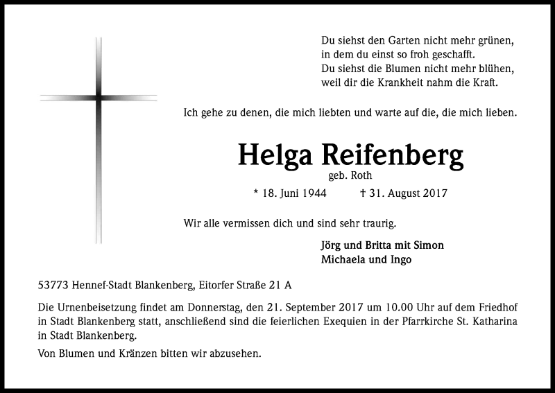  Traueranzeige für Helga Reifenberg vom 07.09.2017 aus Kölner Stadt-Anzeiger / Kölnische Rundschau / Express