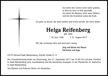 Anzeige von Helga Reifenberg von Kölner Stadt-Anzeiger / Kölnische Rundschau / Express