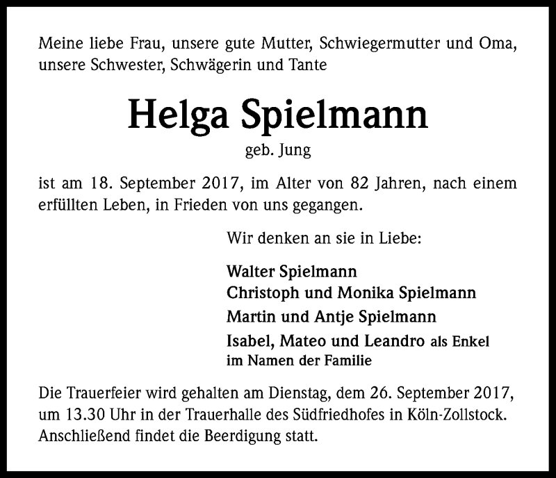  Traueranzeige für Helga Spielmann vom 20.09.2017 aus Kölner Stadt-Anzeiger / Kölnische Rundschau / Express