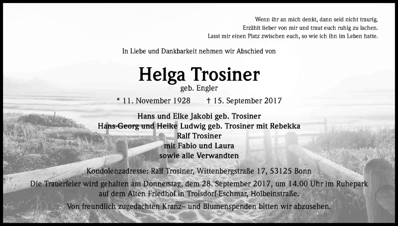  Traueranzeige für Helga Trosiner vom 23.09.2017 aus Kölner Stadt-Anzeiger / Kölnische Rundschau / Express