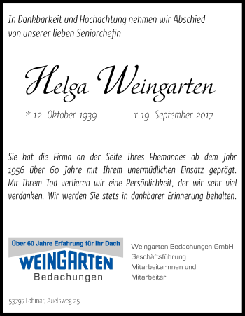 Anzeige von Helga Weingarten von Kölner Stadt-Anzeiger / Kölnische Rundschau / Express