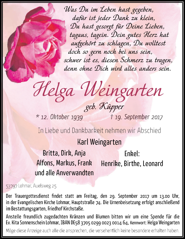  Traueranzeige für Helga Weingarten vom 23.09.2017 aus Kölner Stadt-Anzeiger / Kölnische Rundschau / Express