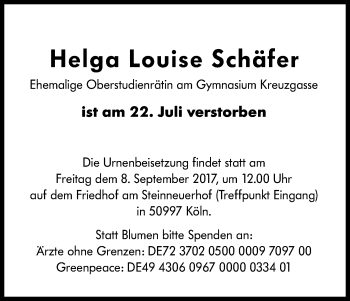 Anzeige von Helga Louise Schäfer von Kölner Stadt-Anzeiger / Kölnische Rundschau / Express