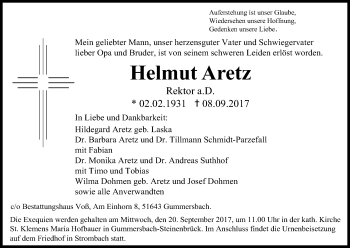 Anzeige von Helmut Aretz von Kölner Stadt-Anzeiger / Kölnische Rundschau / Express