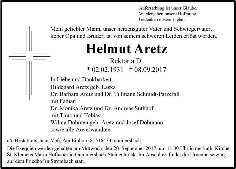  Traueranzeige für Helmut Aretz vom 13.09.2017 aus  Anzeigen Echo 