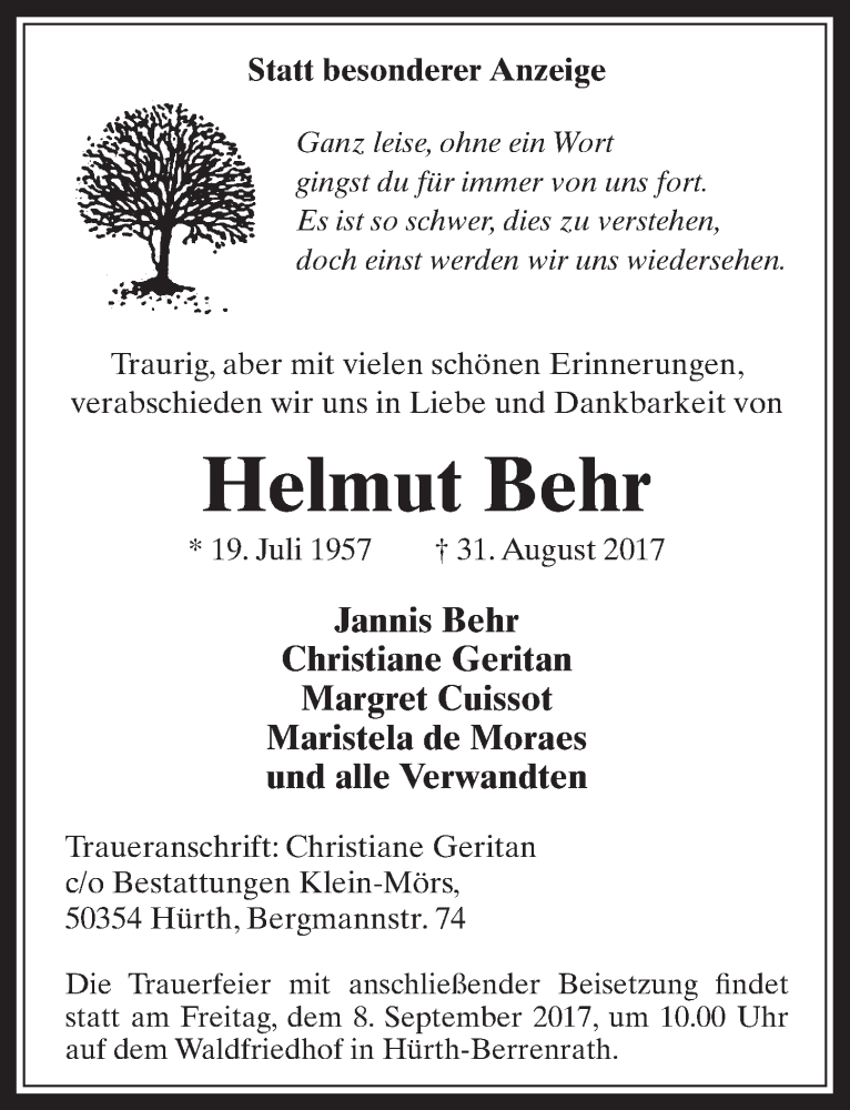  Traueranzeige für Helmut Behr vom 06.09.2017 aus  Wochenende 
