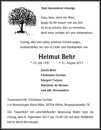Anzeige von Helmut Behr von Kölner Stadt-Anzeiger / Kölnische Rundschau / Express
