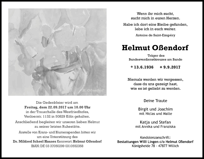  Traueranzeige für Helmut Oßendorf vom 16.09.2017 aus Kölner Stadt-Anzeiger / Kölnische Rundschau / Express