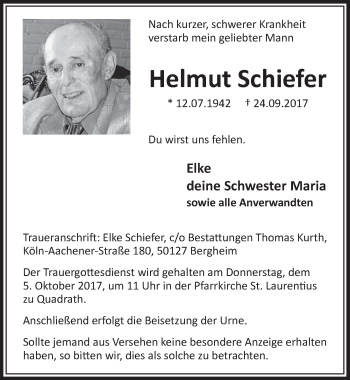 Anzeige von Helmut Schiefer von  Sonntags-Post 