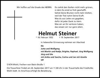 Anzeige von Helmut Steiner von Kölner Stadt-Anzeiger / Kölnische Rundschau / Express