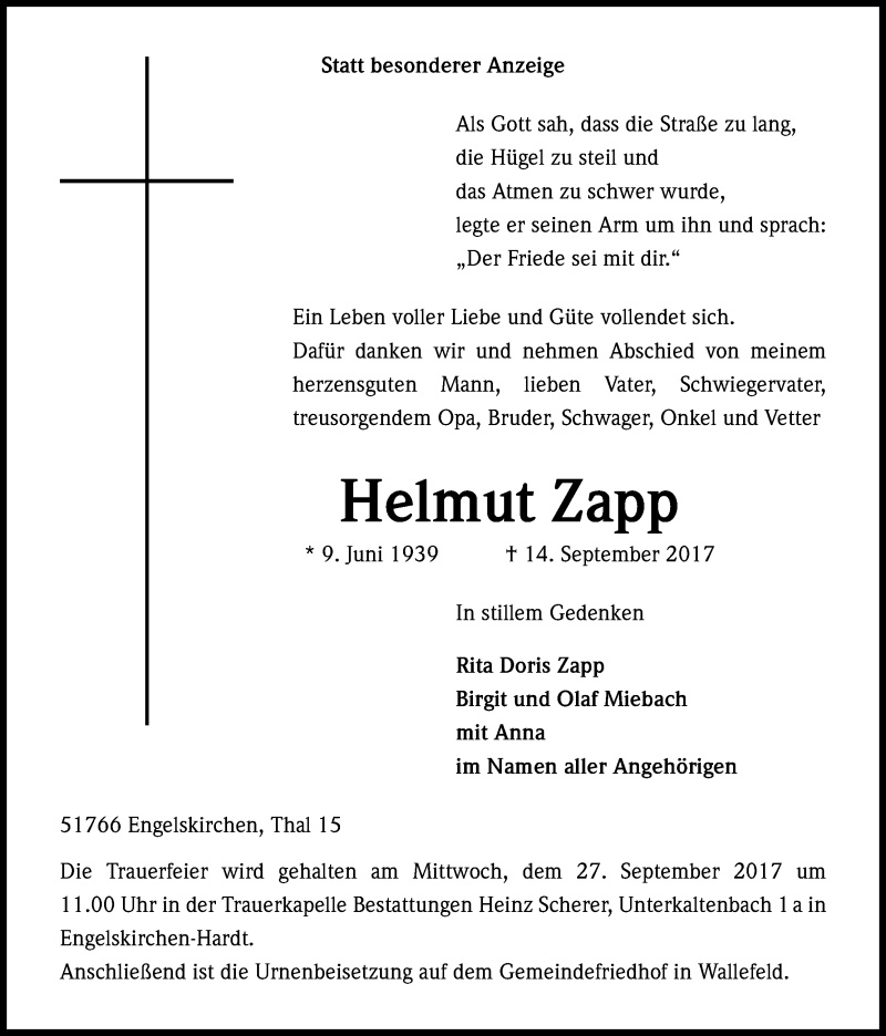  Traueranzeige für Helmut Zapp vom 22.09.2017 aus Kölner Stadt-Anzeiger / Kölnische Rundschau / Express