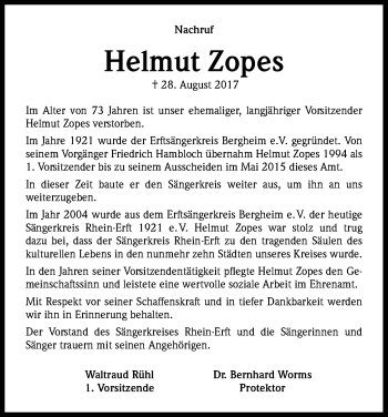 Anzeige von Helmut Zopes von Kölner Stadt-Anzeiger / Kölnische Rundschau / Express