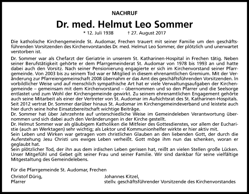  Traueranzeige für Helmut Leo Sommer vom 06.09.2017 aus Kölner Stadt-Anzeiger / Kölnische Rundschau / Express