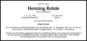 Anzeige von Henning Rohde von Kölner Stadt-Anzeiger / Kölnische Rundschau / Express