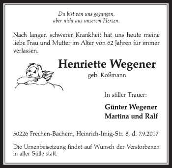Anzeige von Henriette Wegener von  Wochenende 
