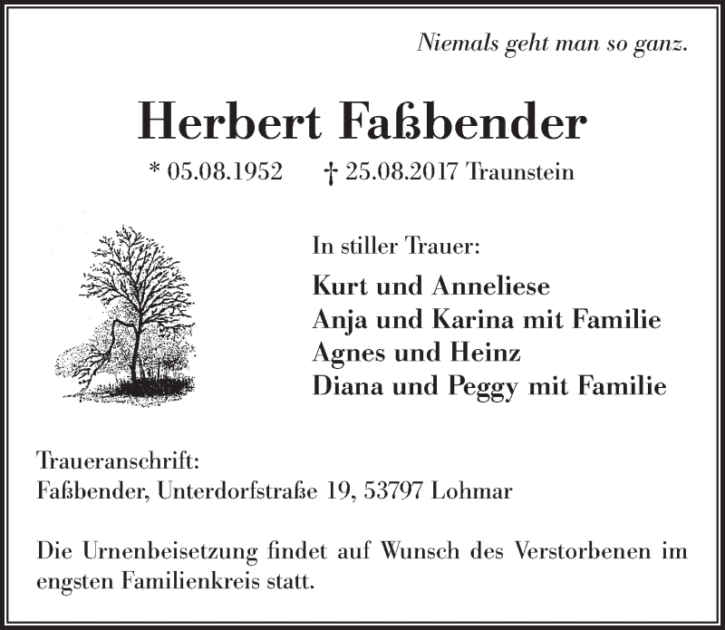  Traueranzeige für Herbert Faßbender vom 02.09.2017 aus  Rhein-Sieg-Wochenende 