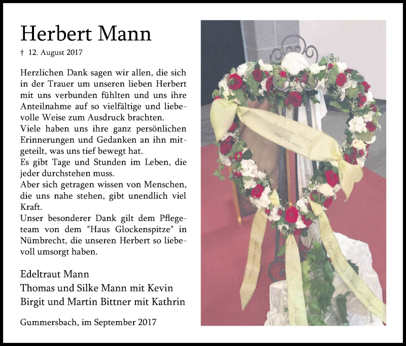  Traueranzeige für Herbert Mann vom 23.09.2017 aus Kölner Stadt-Anzeiger / Kölnische Rundschau / Express