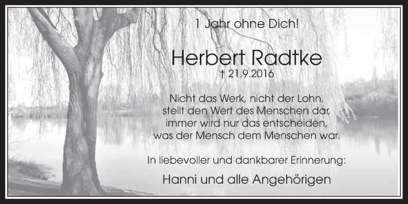  Traueranzeige für Herbert Radtke vom 20.09.2017 aus  Schaufenster/Blickpunkt 