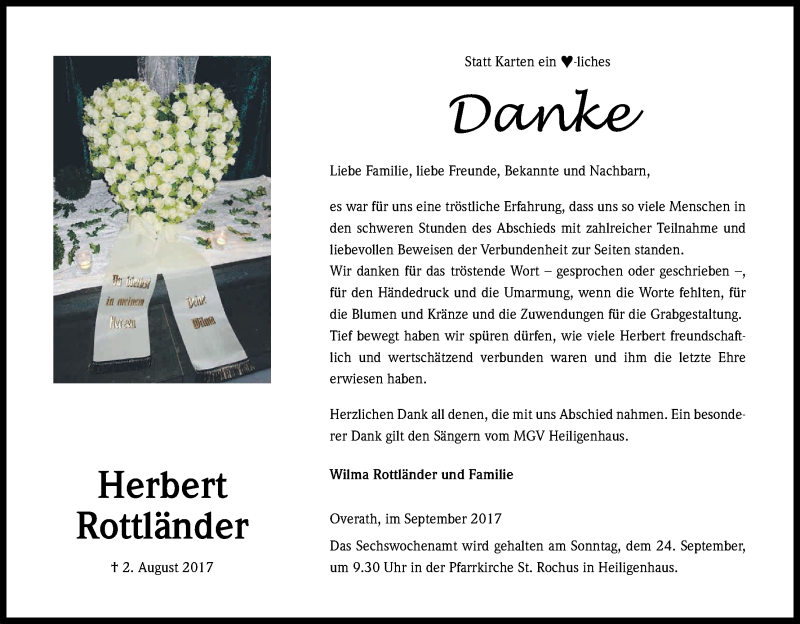  Traueranzeige für Herbert Rottländer vom 19.09.2017 aus Kölner Stadt-Anzeiger / Kölnische Rundschau / Express