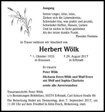 Anzeige von Herbert Wölk von Kölner Stadt-Anzeiger / Kölnische Rundschau / Express