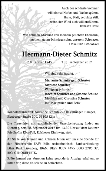 Anzeige von Hermann-Dieter Schmitz von Kölner Stadt-Anzeiger / Kölnische Rundschau / Express