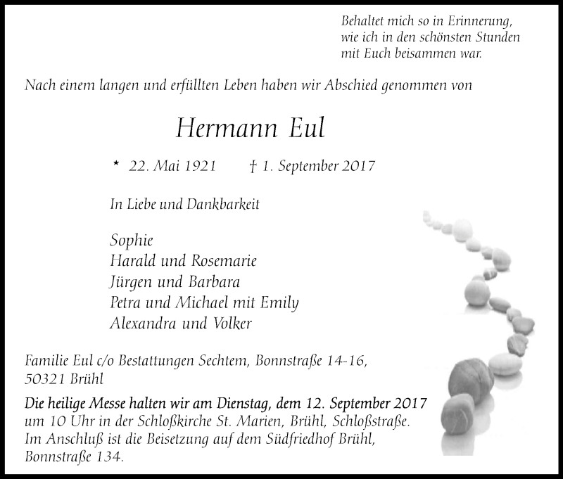  Traueranzeige für Hermann Eul vom 09.09.2017 aus Kölner Stadt-Anzeiger / Kölnische Rundschau / Express