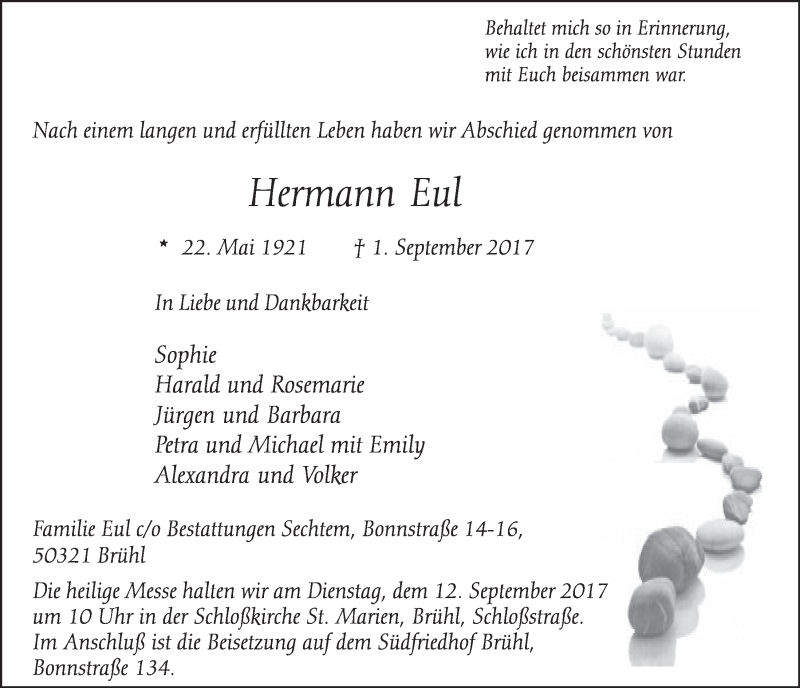  Traueranzeige für Hermann Eul vom 06.09.2017 aus  Schlossbote/Werbekurier 