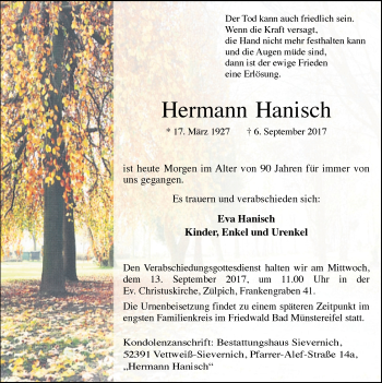 Anzeige von Hermann Hanisch von  Blickpunkt Euskirchen 